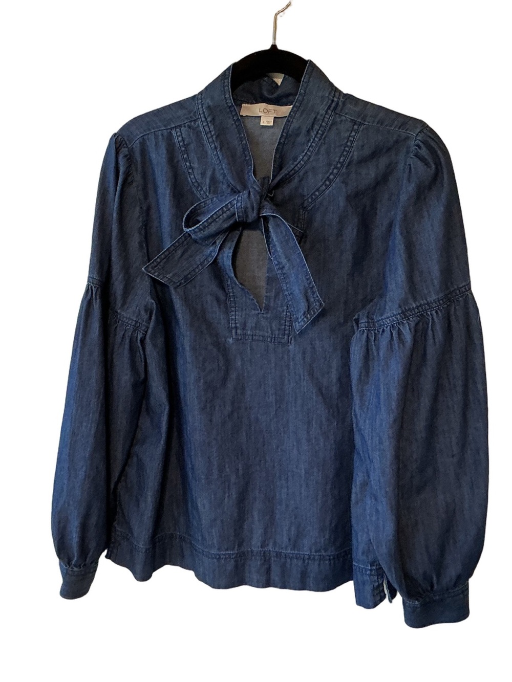 LOFT Denim Chambray Tie Neck Balloon Long Sleeve Top Blouse Blue L